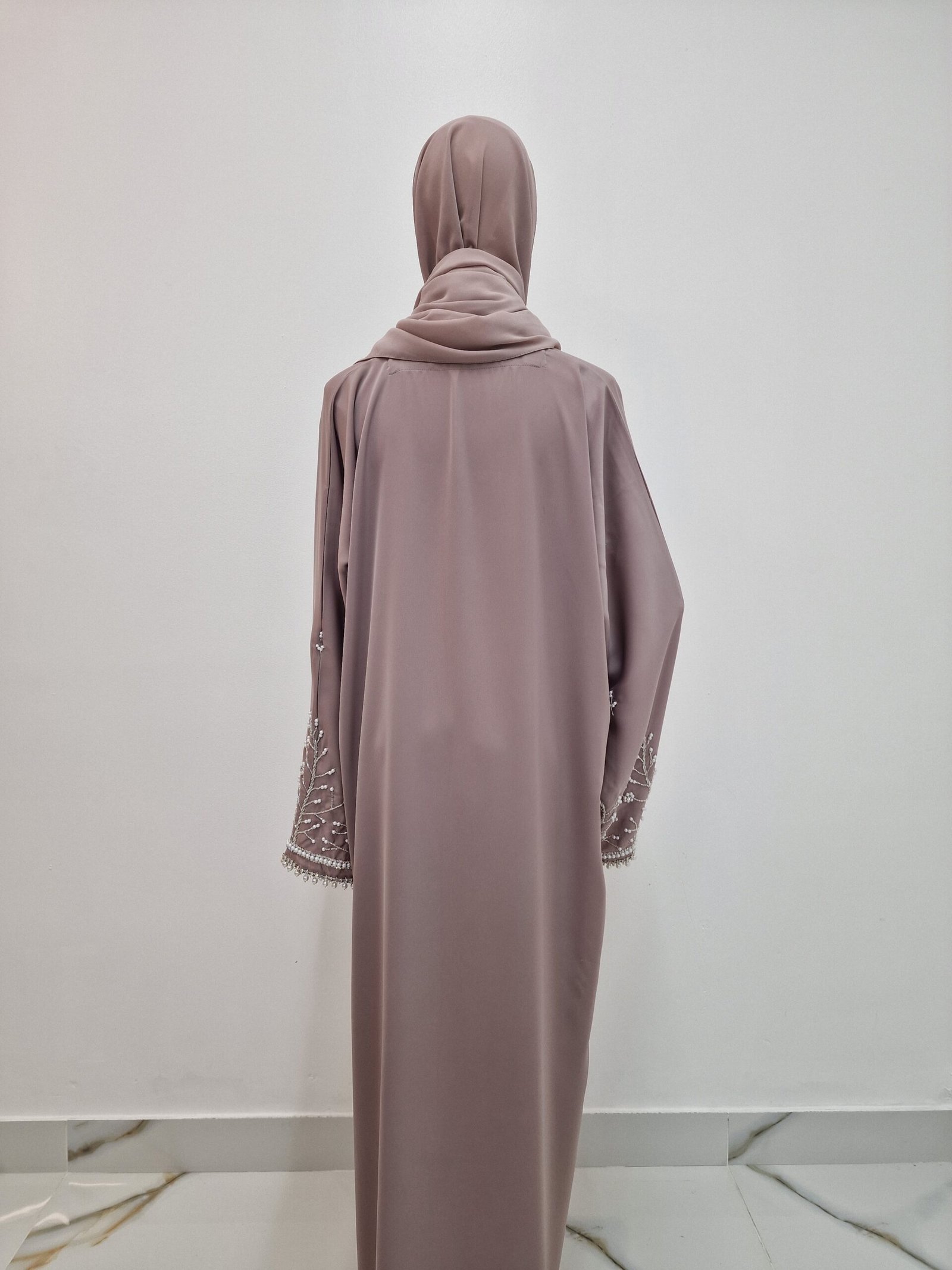Beaded 2pcs Open Abaya – Dusty pink & Grey - Image 4