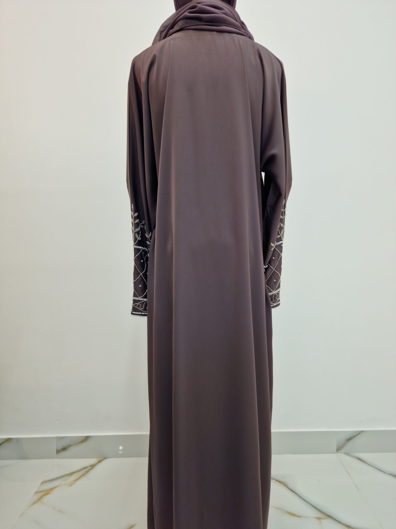 Beaded 2-Piece Luxury Open Abaya – Dark Mauve - Image 4