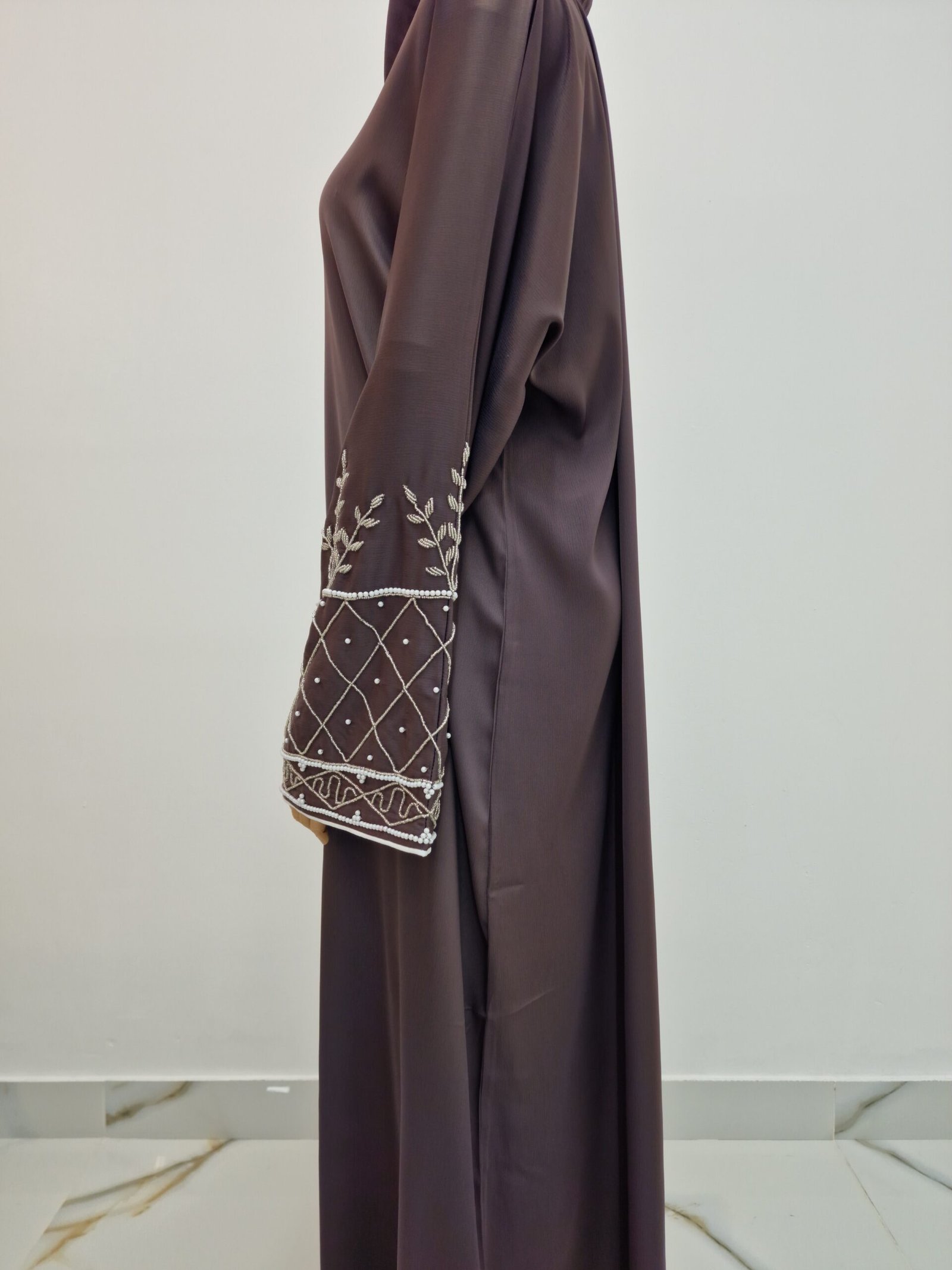 Beaded 2-Piece Luxury Open Abaya – Dark Mauve - Image 3