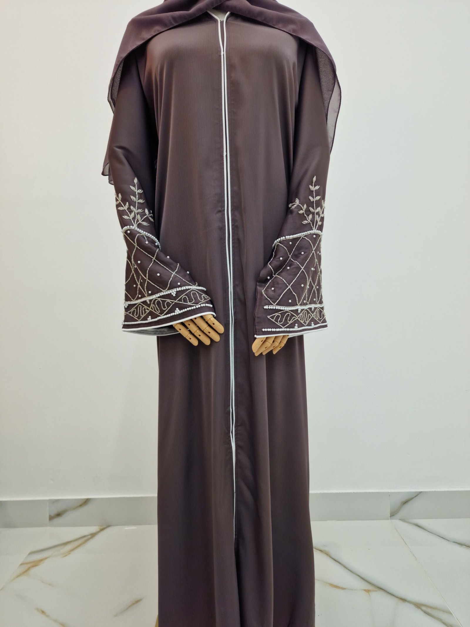 Beaded 2-Piece Luxury Open Abaya – Dark Mauve