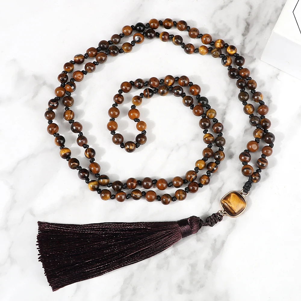 Mala 108 Beads Prayer Necklace 6mm Natural Tiger Eye Onyx Stone Necklaces Tassel Pendant Square Accessories Meditation Jewelry - Image 16