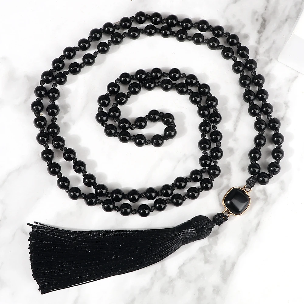 Mala 108 Beads Prayer Necklace 6mm Natural Tiger Eye Onyx Stone Necklaces Tassel Pendant Square Accessories Meditation Jewelry - Image 17