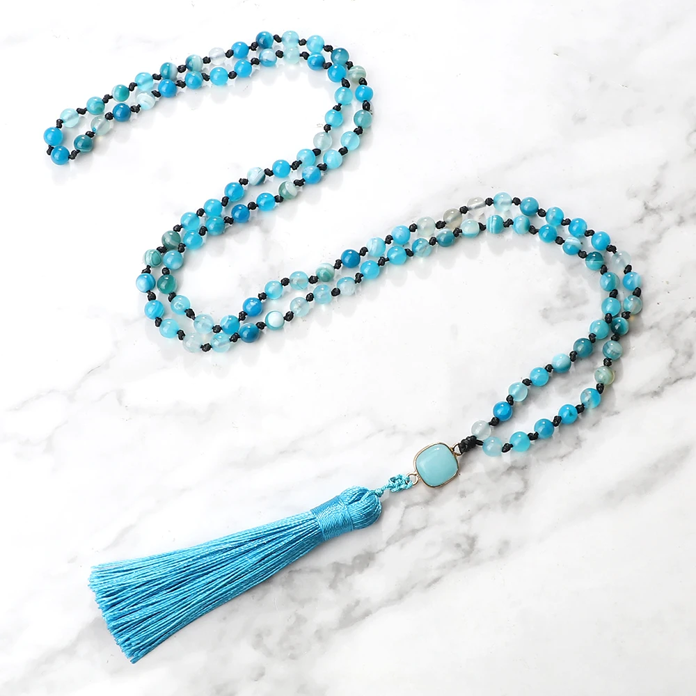 Mala 108 Beads Prayer Necklace 6mm Natural Tiger Eye Onyx Stone Necklaces Tassel Pendant Square Accessories Meditation Jewelry - Image 4