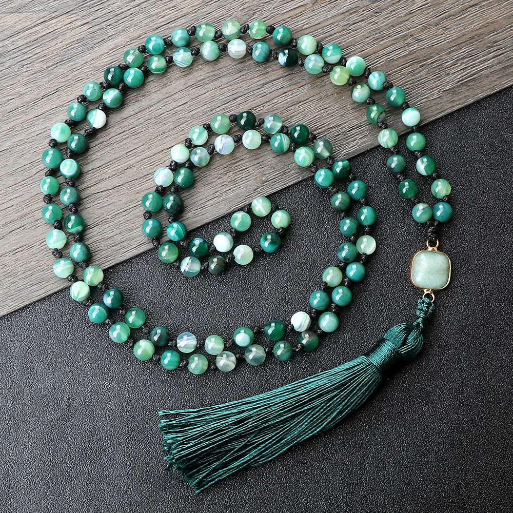 Mala 108 Beads Prayer Necklace 6mm Natural Tiger Eye Onyx Stone Necklaces Tassel Pendant Square Accessories Meditation Jewelry - Image 3